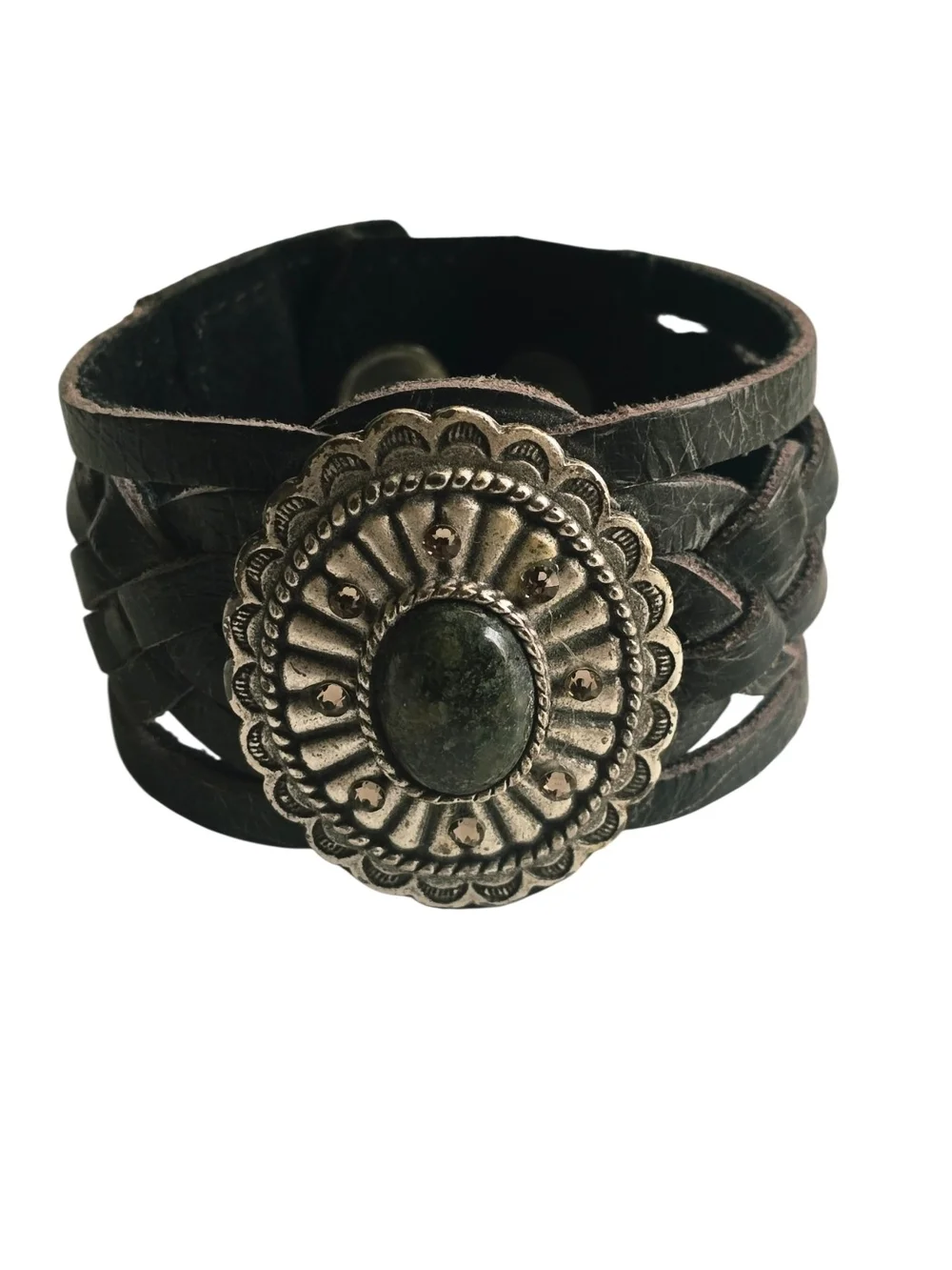 Leatherock USA Black Leather Concho Cuff Bracelet Stone Crystal Western 8.25